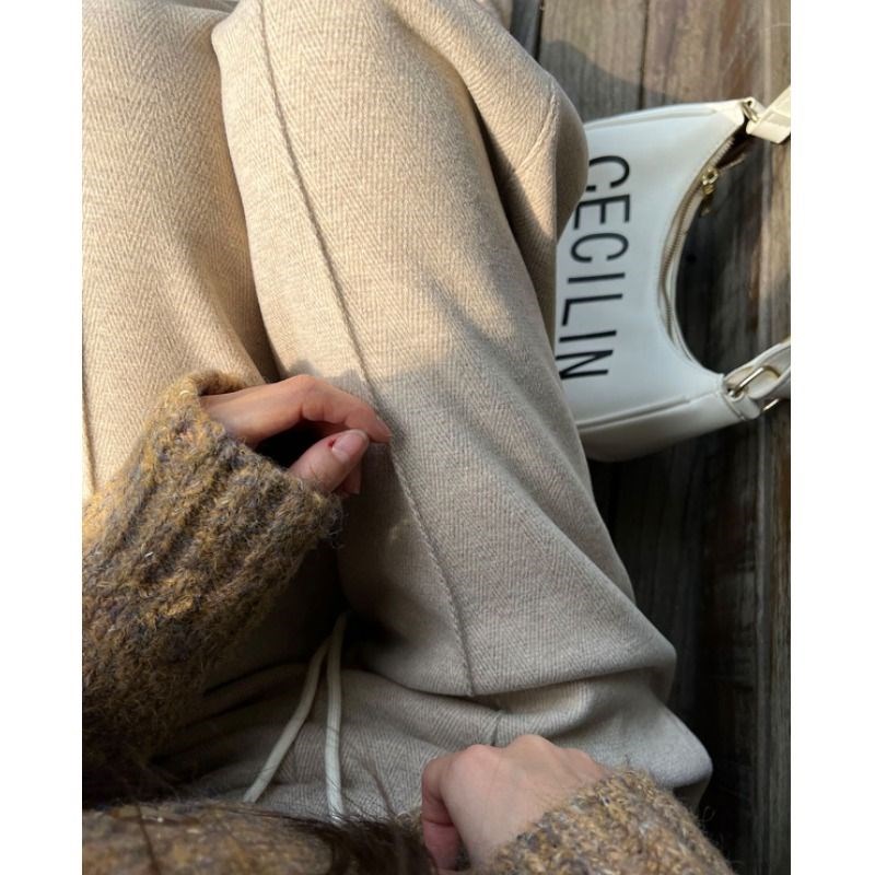 灰色加绒直筒裤女秋冬裤子2024新款毛呢羊毛窄版阔腿裤女小个子