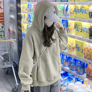 秋冬重磅保暖慵懒风连帽 加绒加厚奶茶色套头休闲上衣女2023年新款
