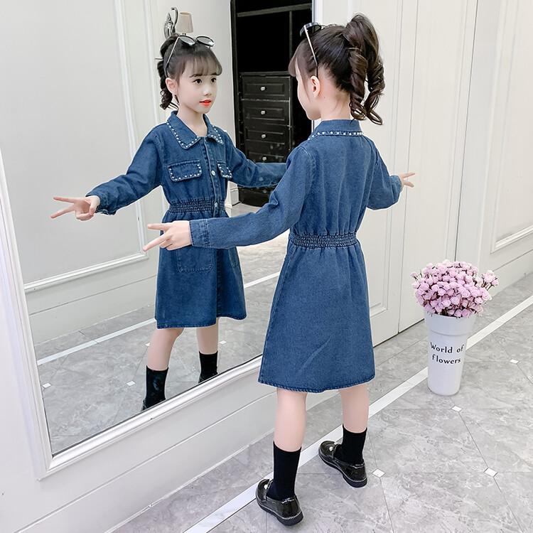女童牛仔裙2021新款中大童春装长袖连衣裙儿童装网红秋款钉珠裙子