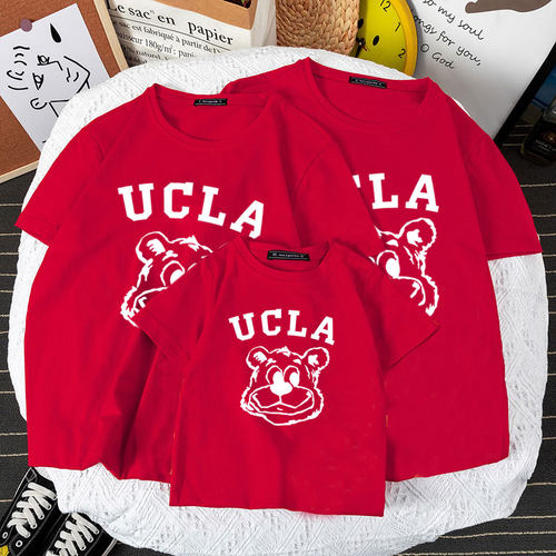 克莱因蓝亲子装夏装2023新款一家三口四口短袖t恤母女父子全家装