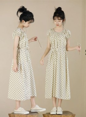 大童女装夏季连衣裙洋气女童长裙初中生女孩波点裙子度假风高级感