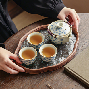 家用高端茶盘不烫手茶碗 汝窑皮球花手抓壶盖碗茶杯功夫茶具套装