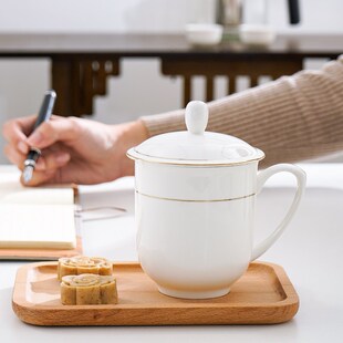 定制LOGO 唐山骨瓷杯茶杯陶瓷办公杯家用描金带盖水杯待客杯套装