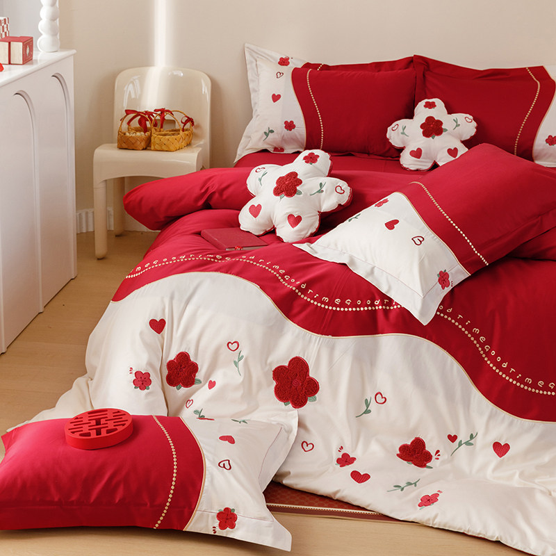 新中式结婚庆红色床上四件套100S全棉毛巾绣喜被陪嫁纯棉床单被套