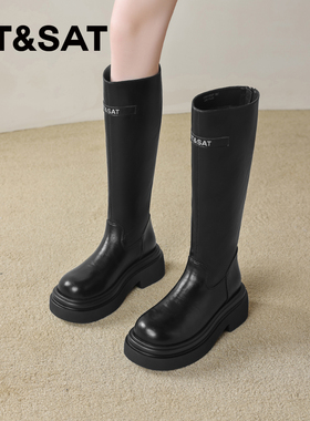 星期六长筒靴女士冬季真皮时尚厚底增高时装靴时装靴女士黑色靴子