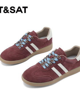 星期六红色德训鞋女2026新款春季复古运动真皮休闲鞋百搭板鞋女款