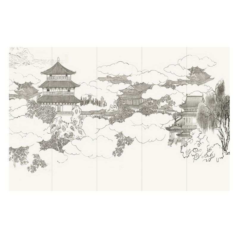 现代新山水墙纸楼阁雅致意境风壁画客厅沙发背景墙布茶室壁纸