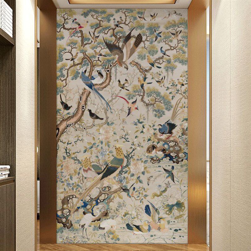 法式复古玄关装饰画级感入户正对门竖壁画中古风走廊过道壁纸