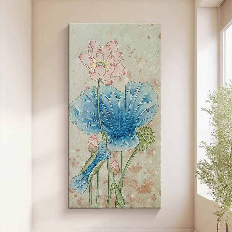 新中式荷花卉手绘油画客厅装饰画荷叶和和美美茶室办公室玄关挂画图片