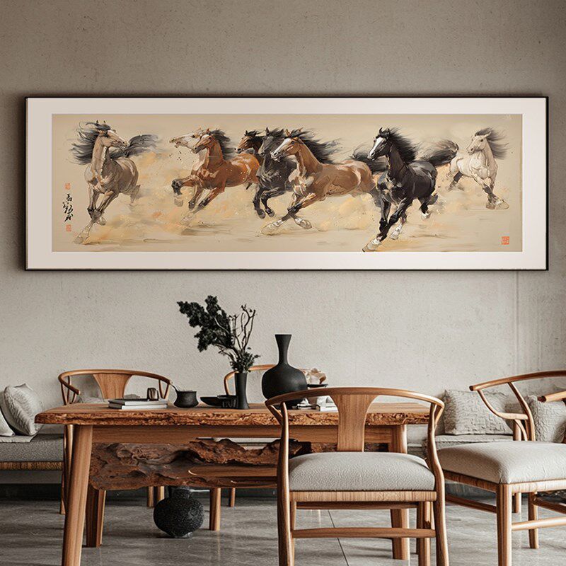 马到功成办公室饰画客厅沙发背景墙八骏图挂画八马图国画