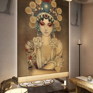 定制京剧隔断帘竹窗卷帘 国风戏曲脸谱卷帘竹帘屏风窗帘家用中日式