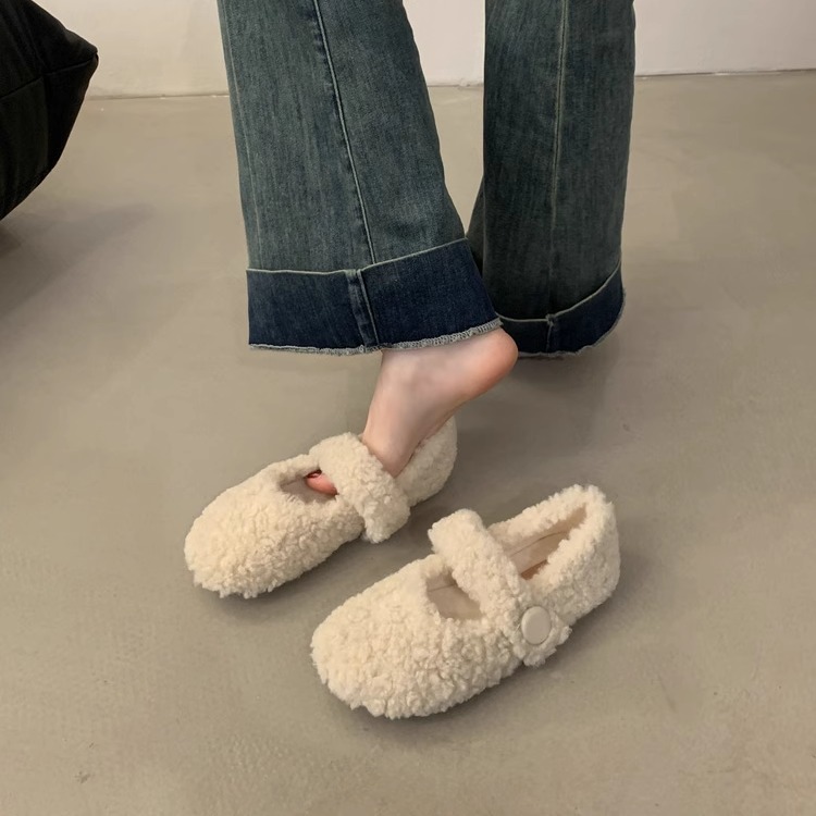 韩系高级感羊羔毛圆头玛丽珍加绒毛毛鞋女冬外穿平底棉单鞋豆豆鞋