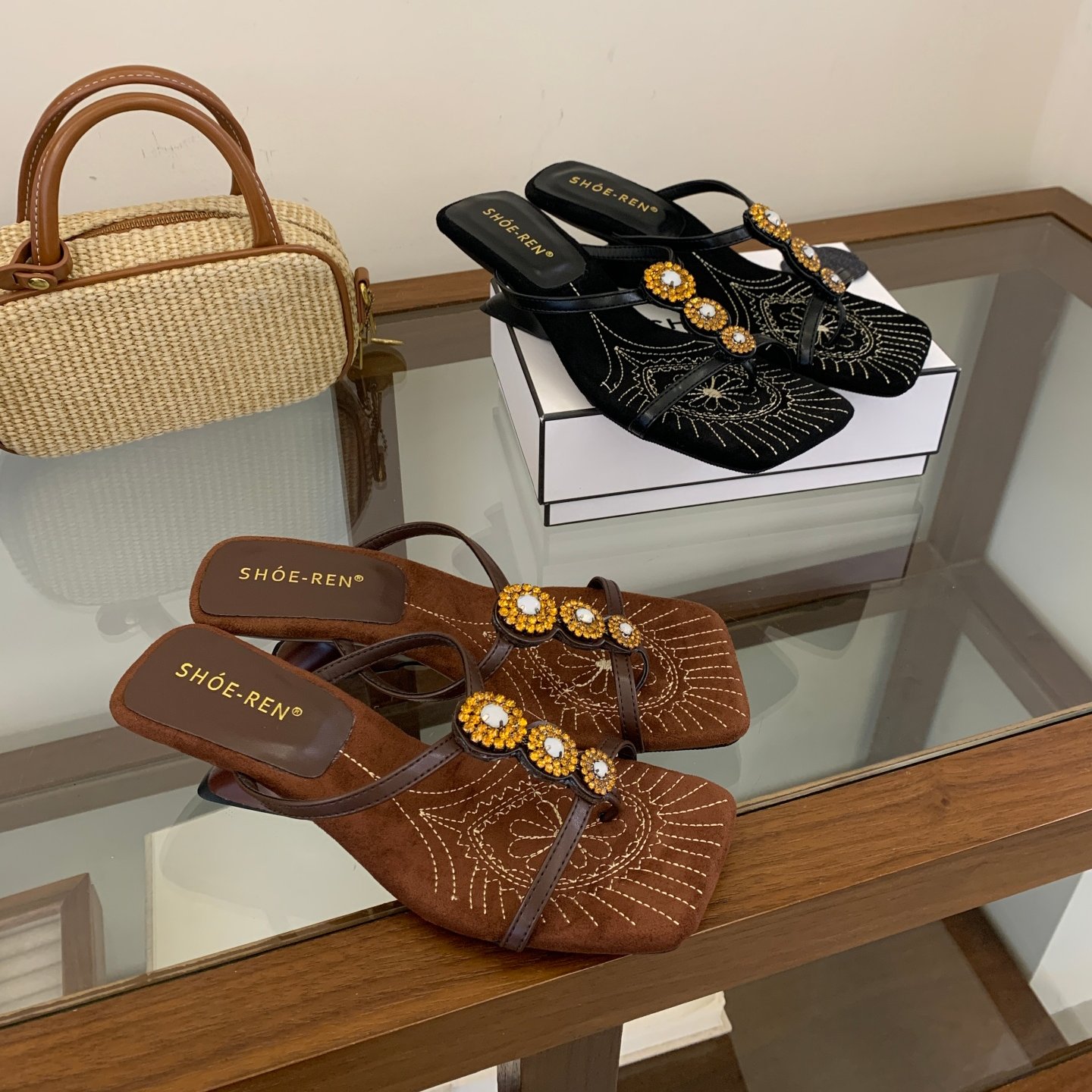 SHOE-REN复古风水钻坡跟