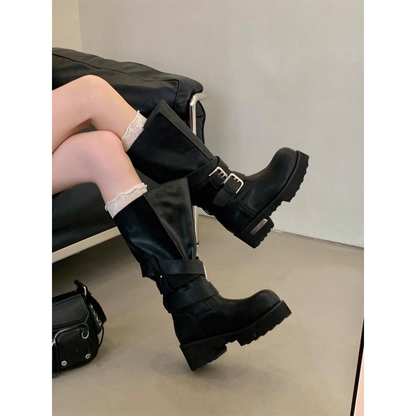 真皮马丁靴女2025新皮带扣暗黑靴毒液粗跟厚底单里中筒骑士靴