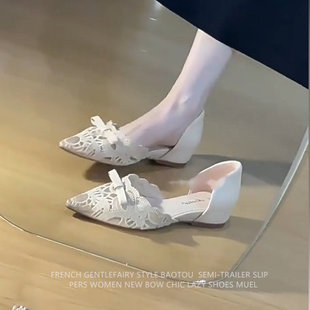 女尖头内增高瓢鞋 羊皮版 法式 蕾丝镂空单鞋 蝴蝶结软底中空奶奶鞋