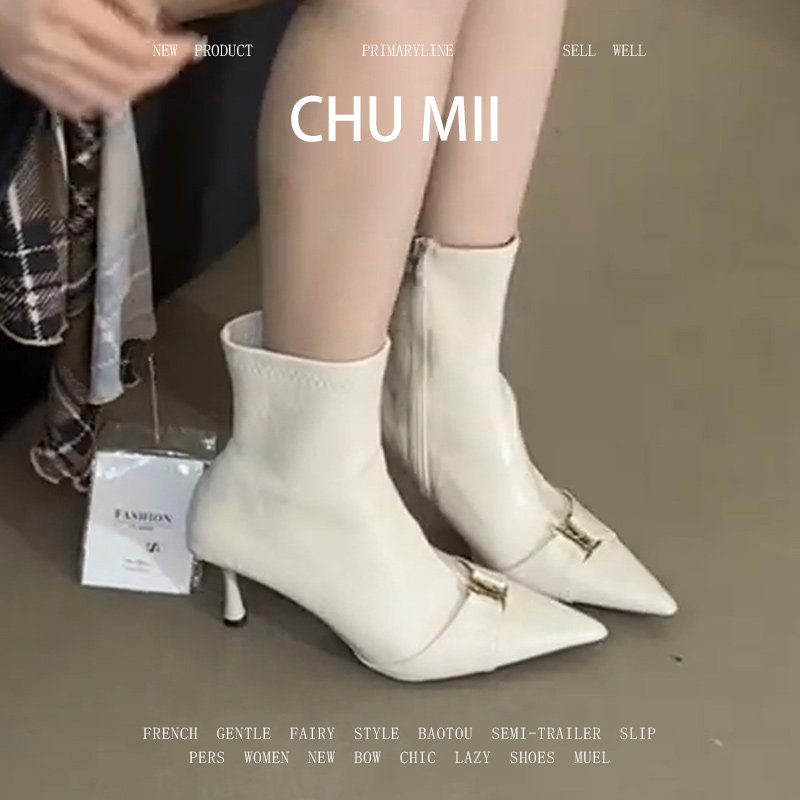 羊皮版~法式尖头细跟高跟短靴女气质蝴蝶结瘦瘦靴白色弹力马丁靴
