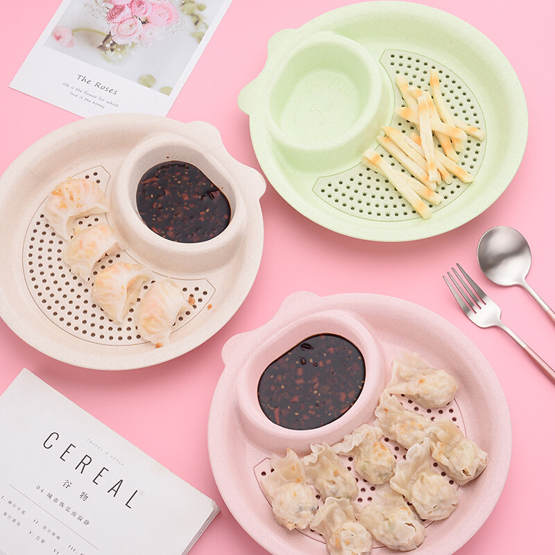 小麦秸秆饺子盘 带味碟水饺盘创意醋碟盘子 双层沥水碟子加厚120g