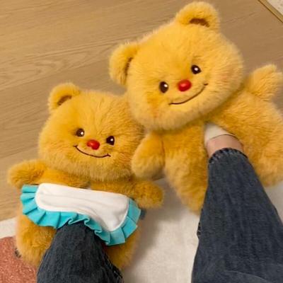 可爱黄油小熊毛绒拖鞋女款秋冬季室内家居保暖防滑全包公仔棉拖鞋