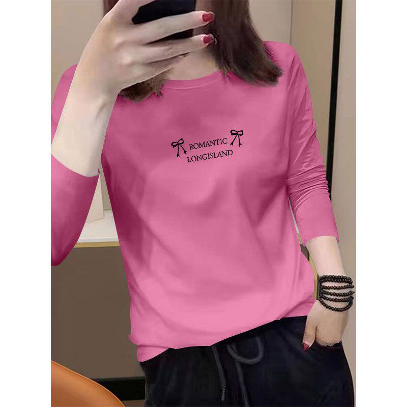 新款纯棉通勤长袖t恤女春秋宽松百搭印花薄款大码简约上衣服女ins