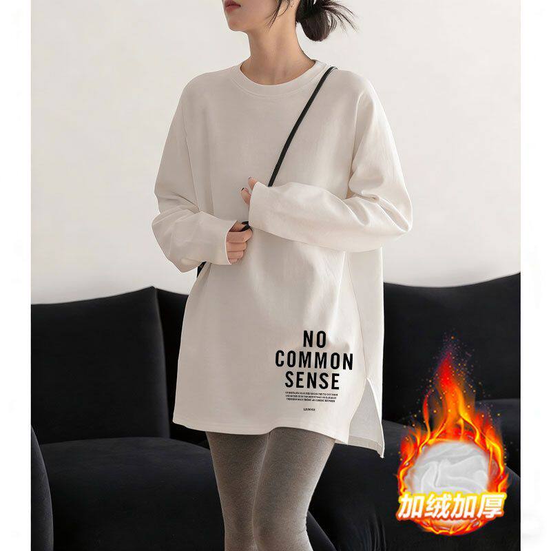 圆领纯棉开叉长袖t恤女新款秋冬加绒打底下摆开叉气质印花上衣ins