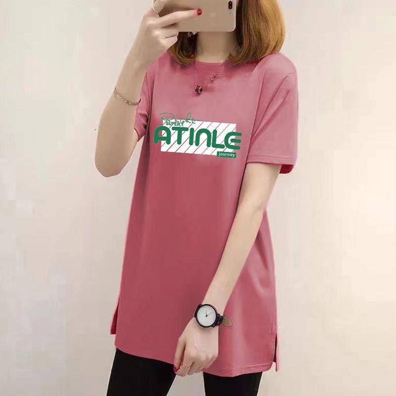 夏季100%纯棉短袖t恤女新款印花设计感通勤大码中长款上衣ins风女