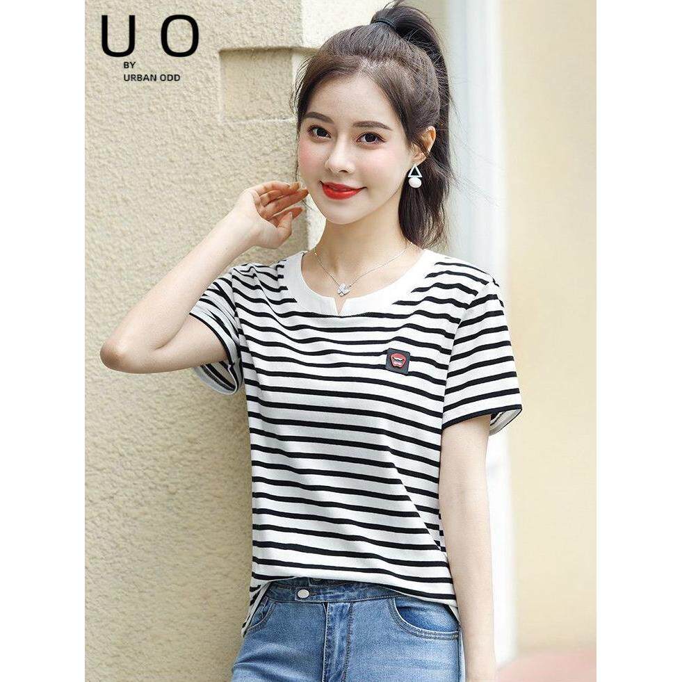 纯棉短袖t恤女新款夏季条纹百搭圆领宽松洋气休闲设计感上衣女ins