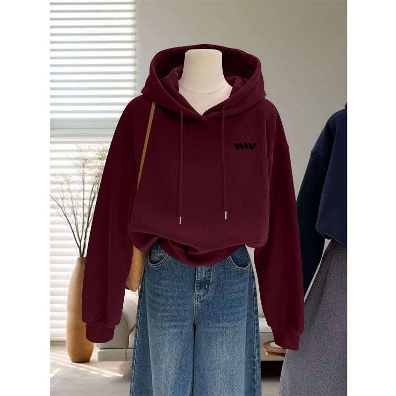纯棉休闲长袖卫衣秋冬爆款连帽高腰加绒加厚短款设计感韩版上衣服