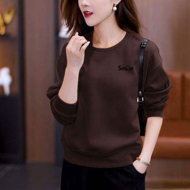 纯棉圆领长袖卫衣女爆款春秋款休闲不加绒短款气质大码时尚上衣服