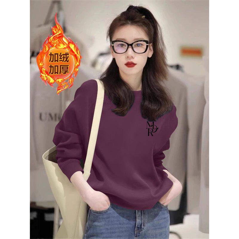 韩版纯棉圆领长袖卫衣女新款秋冬大码韩版潮流短款时尚加绒上衣服