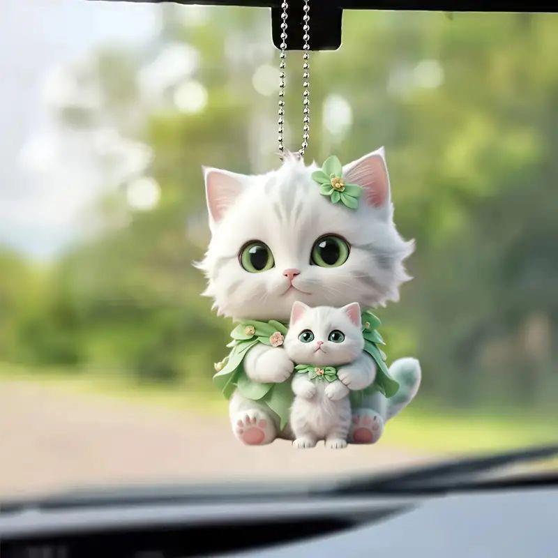 创意亚克力平面绿猫大猫抱小猫汽车后视镜挂件钥匙扣装饰背包挂件