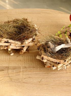 白桦木鸟窝干 干草玄关摆件招财装饰品幼儿园民宿家居花园造景小