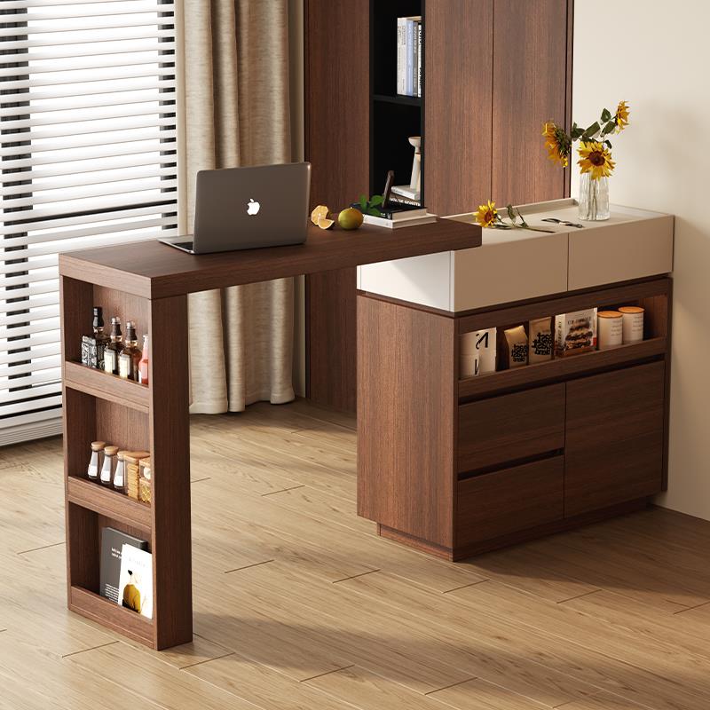 极简中古风可伸缩吧台一体柜小户型家用沙发侧边柜客厅隔断储物柜