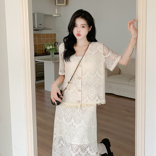 简约名媛风淑女V领中长裙两件套 大码 女装 夏季 甜美蕾丝套装