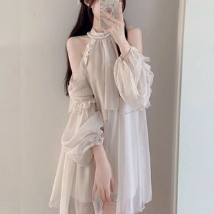 穿搭露肩雪纺上衣高级感 法式 甜美初恋公主短裙女夏季 时尚 两件套装