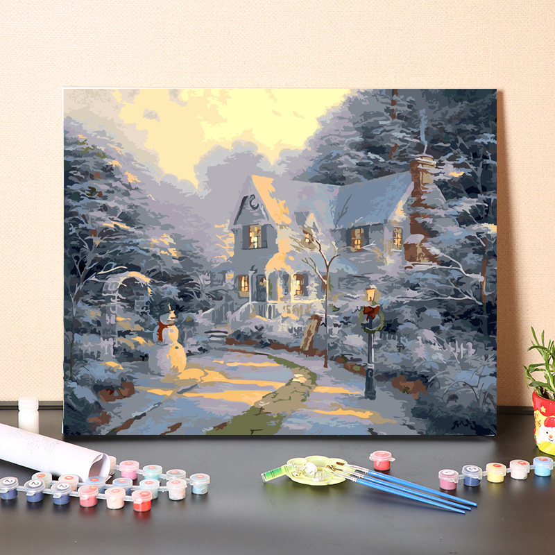 数字油画填充解闷手工填色森林山川小屋冬天雪景丙烯油彩画画