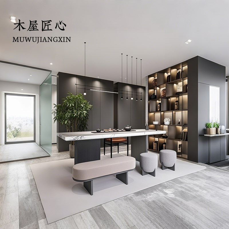 中式实木茶桌椅组合现代轻奢岩板茶台别墅茶室高端泡茶桌家具定制
