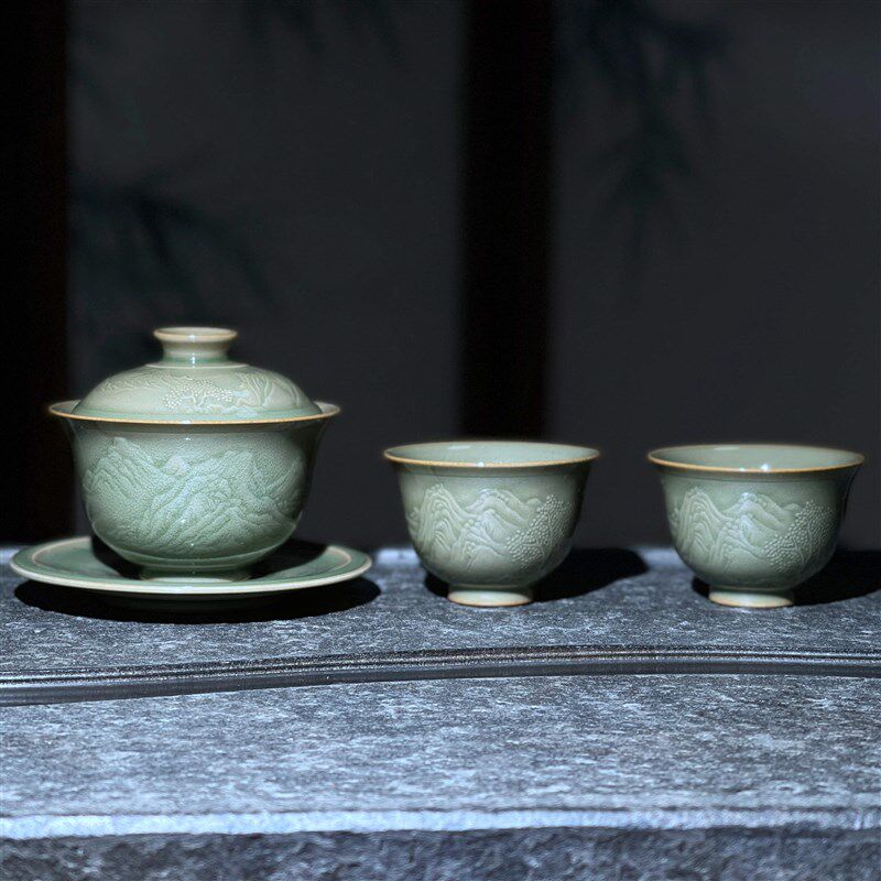 耀州窑天青秘色原矿瓷品茗杯青瓷茶具杯浮雕山水盖碗组