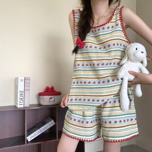 韩系甜美草莓条纹双层棉纱睡衣女款夏季背心短裤家居服2025新款夏