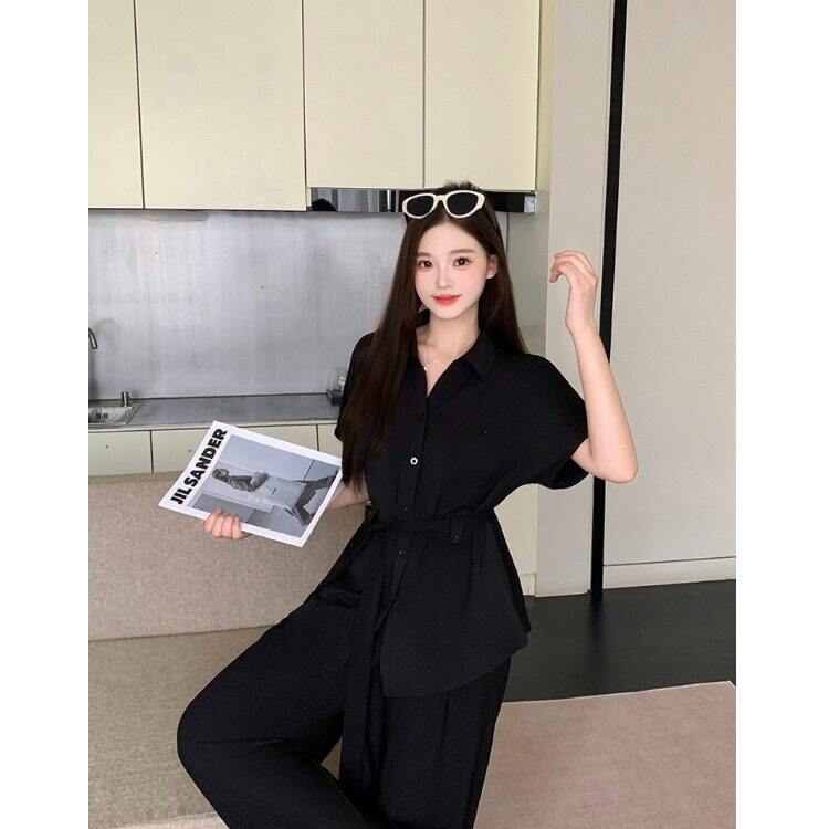 大尺码休闲 套装女夏季新款胖MM遮肚子显瘦衬衫上衣阔腿裤减龄两