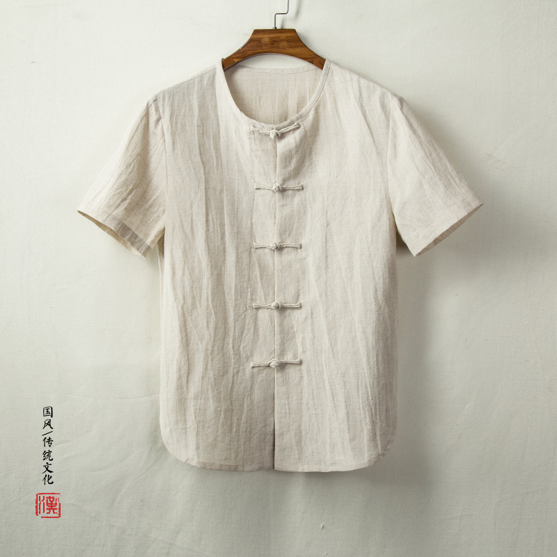云梦集春夏新款中国风男装棉麻男士圆领唐装短袖衬衫
