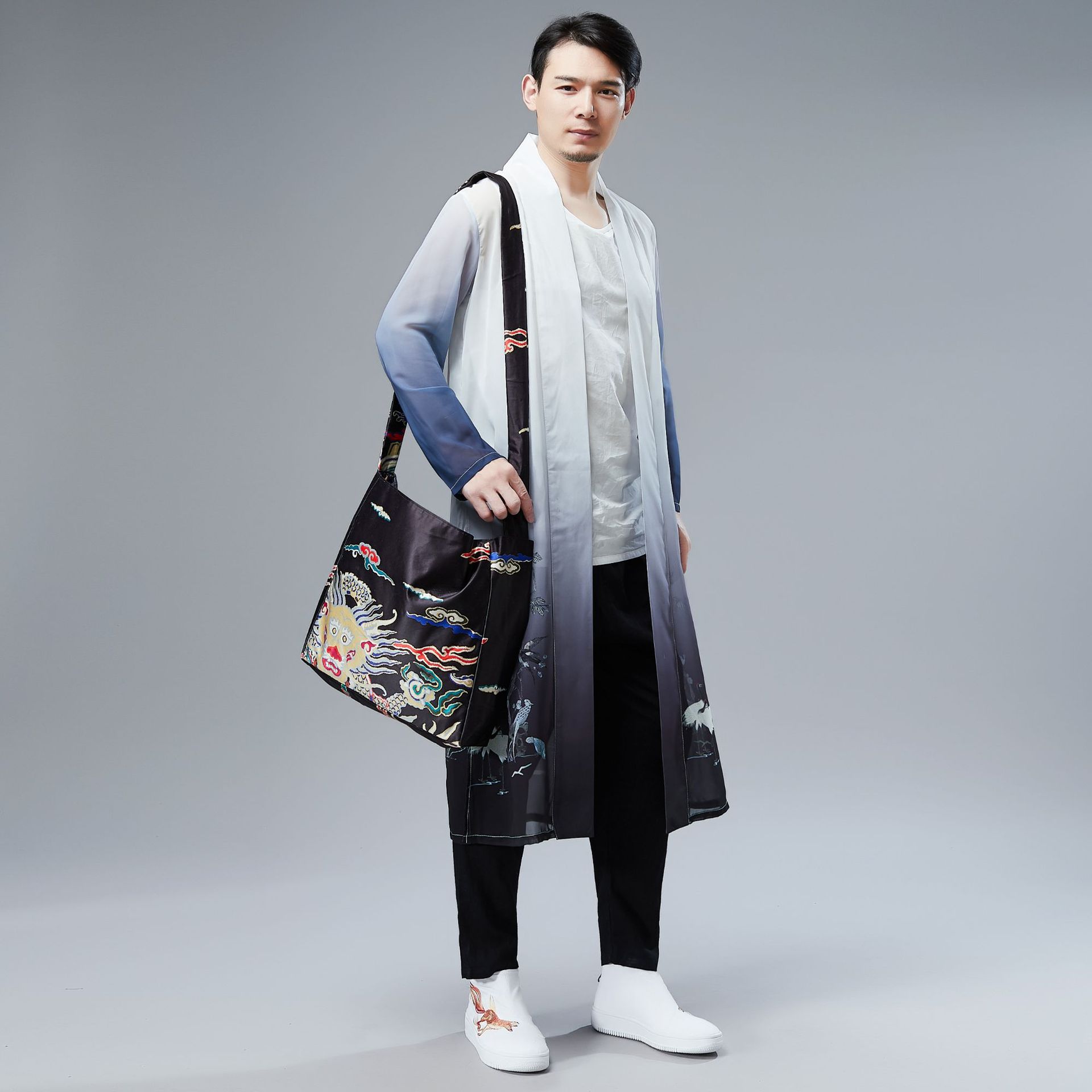 云梦集夏季百鸟长衫中国风男装雪纺印花长衫薄款休闲防shai衣中式