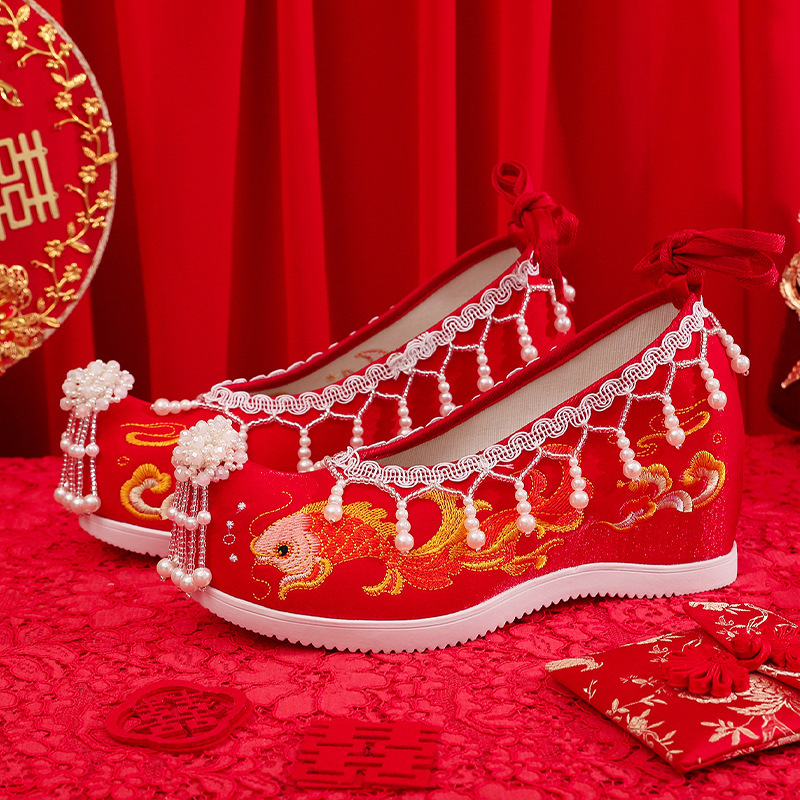 云梦集【金鱼】秀禾加绒原创流苏汉服鞋古风绣花鞋内增高中式婚鞋