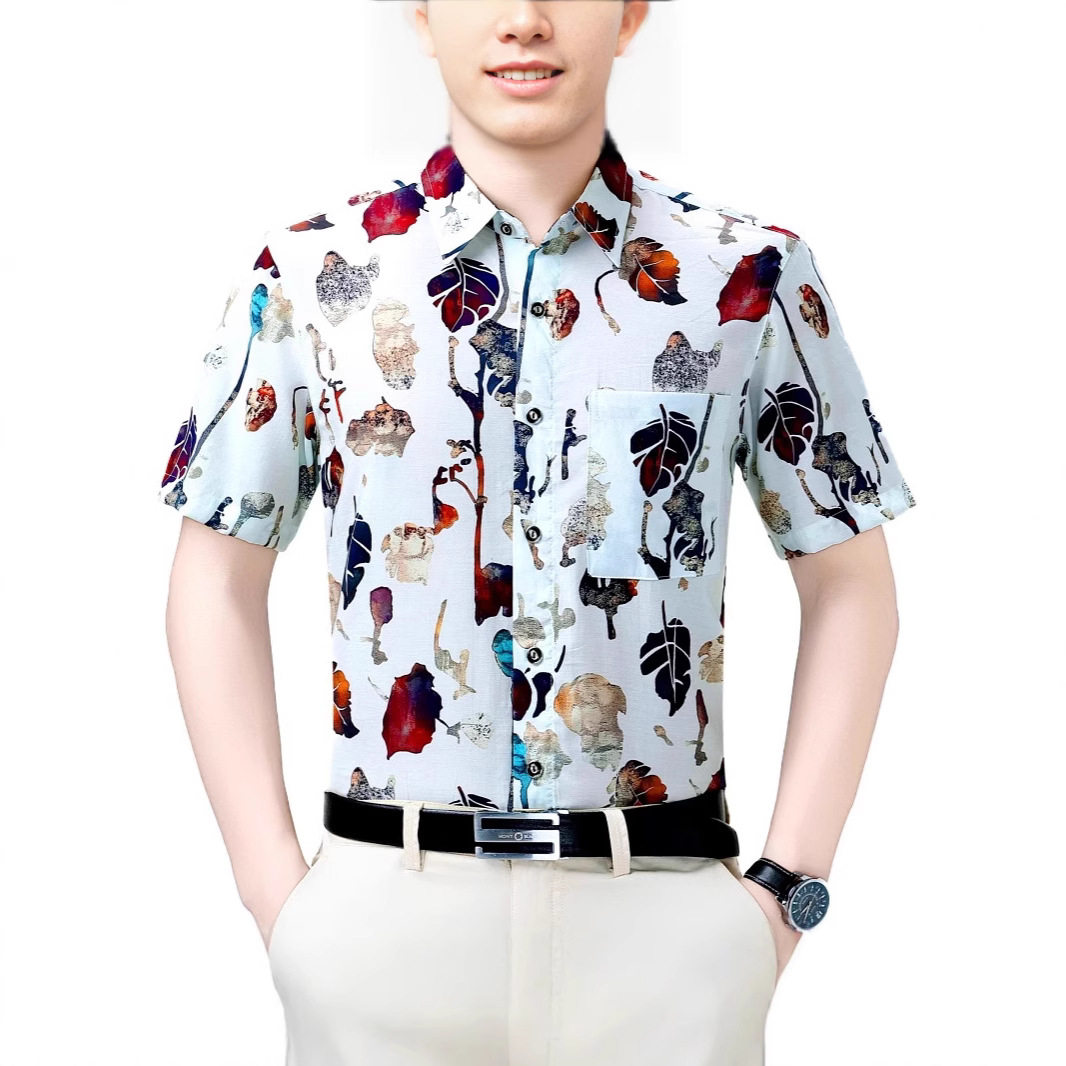 织造局2026夏季新款男士短袖衬衫休闲男印花丝光棉衬衣男式上衣男