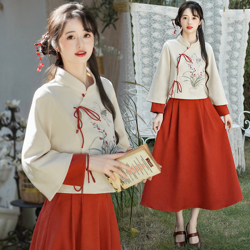 云梦集新中式国潮禾杏斜襟立领刺绣系带改良汉服长袖上衣半身裙套