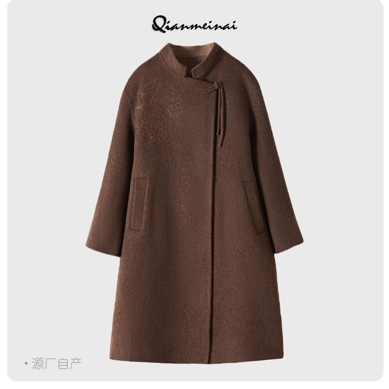 云梦集2025复古新中式刺绣斜襟双面羊毛大衣女中长款秋冬外套女装
