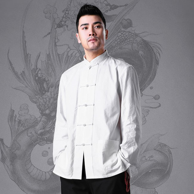 云梦集中国风纯棉男士唐装长袖中式衬衫打底衫春秋装老粗布男汉服