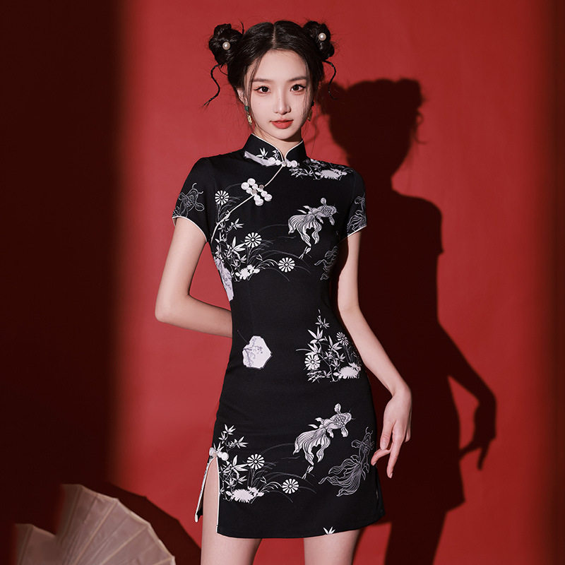 织造局黑色国风新中式短款小个子旗袍改良年轻款女高级感短袖连衣
