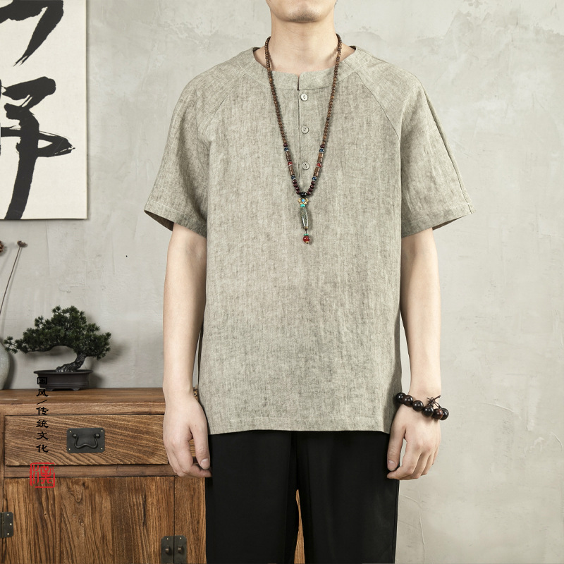 云梦集2025夏季新款中国风男装复古潮流立领上衣男士休闲唐装短袖