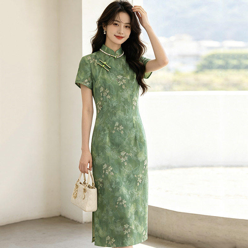 织造局绿色送考新中式长款旗袍改良年轻款2026新款女高级感小个子