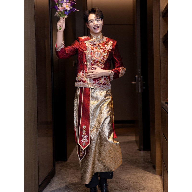 云梦集秀禾服2025新款新郎结婚中式礼服大码酒红色高端敬酒服接亲